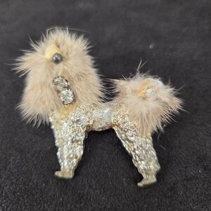 Vintage 50s Silvertone Mink Fur Rhinestone Poodle Brooch